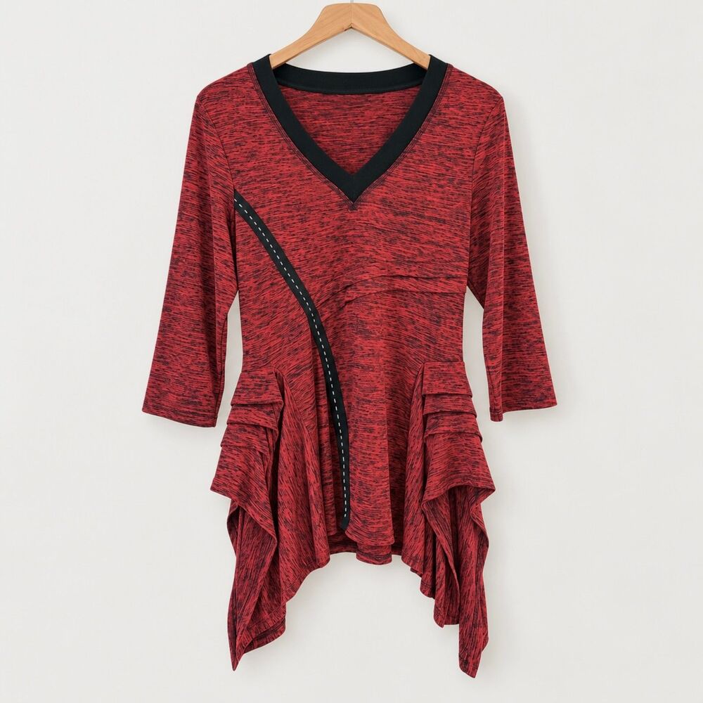 Kaktus Tunic Top Womens L Red Black Sharkbite Hem V Neck Stretch Knit Artsy